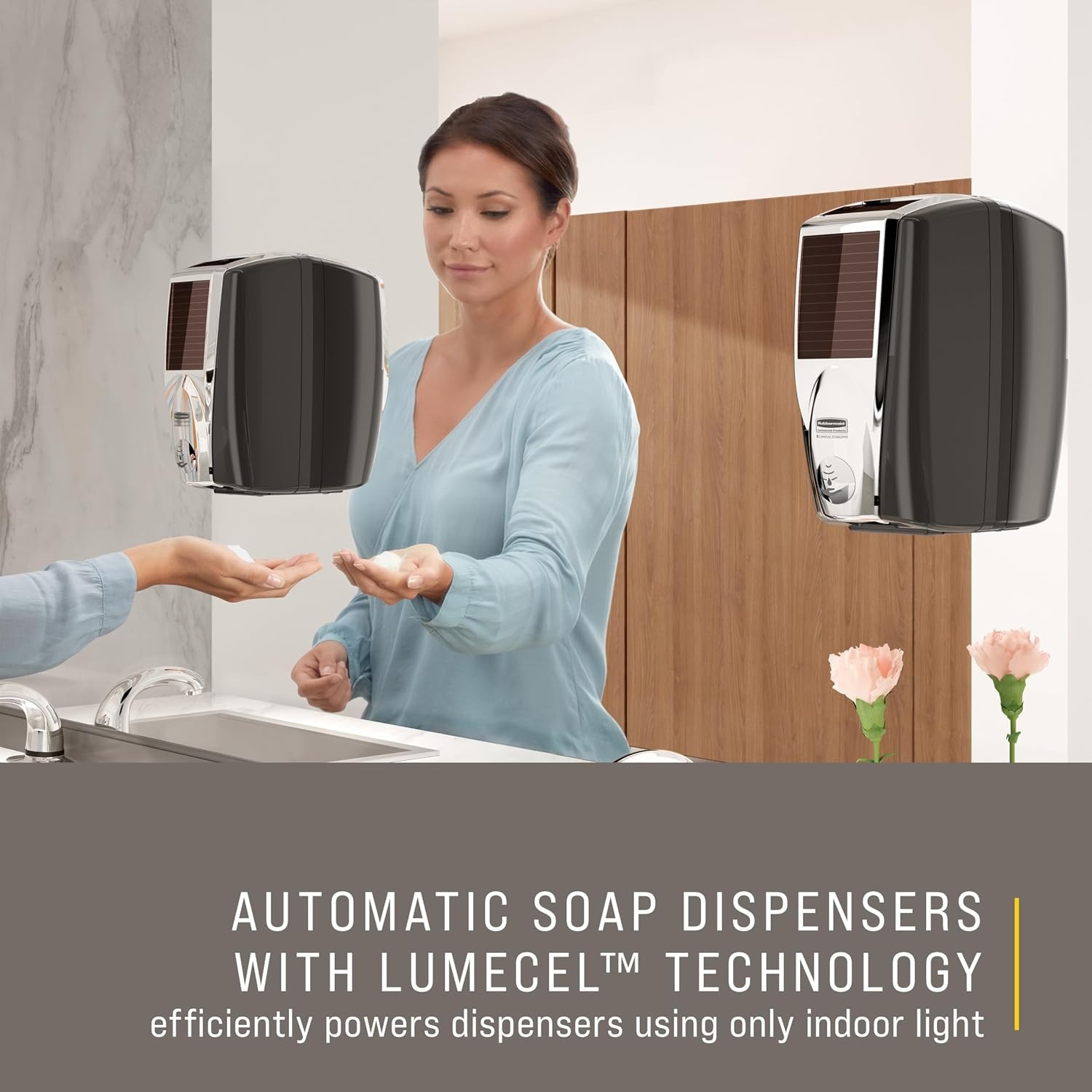 image:imageRubbermaid Commercial Products AutoFoam LumeCel Hand Soap amp Sanitizer Dispenser BlackChrome Battery Free Powered by Indoor Light Touchless Wall Mount for Restrooms in OfficesHotelsChrome